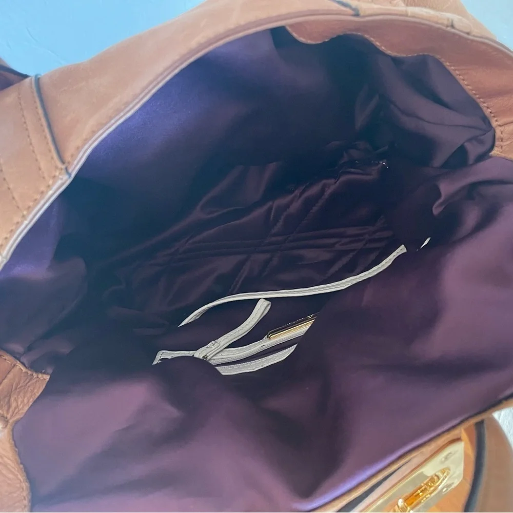 B Makowsky Tan Leather Shoulder Bag Satchel with Gold Accents